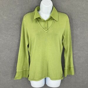 Apt 9 Womens Green Sweater Collared Polka‎ Dot Long Sleeve Knit Top Sz M Career